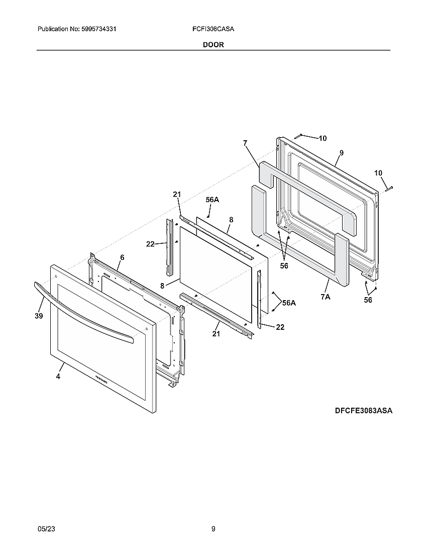 Door Diagram and Parts List for FCFI308CASA  Electrolux Range