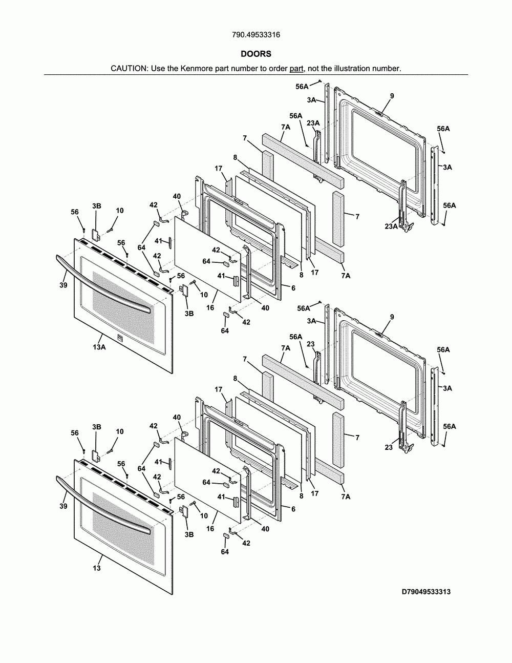 Doors Diagram and Parts List for 79049533316  Kenmore Wall Oven