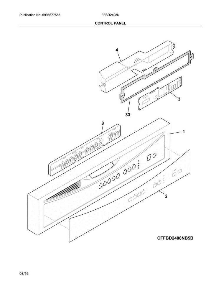 Control Panel Diagram and Parts List for FFBD2408NM7C  Frigidaire Dishwasher