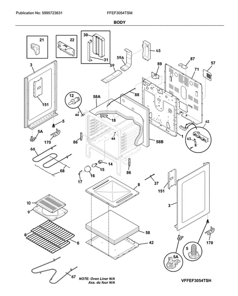 Body Diagram and Parts List for FFEF3054TSM  Frigidaire Range