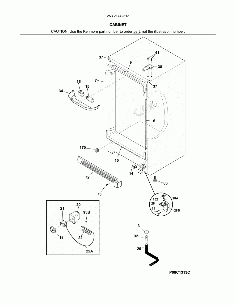Cabinet Diagram and Parts List for 25321742513  Kenmore Freezer