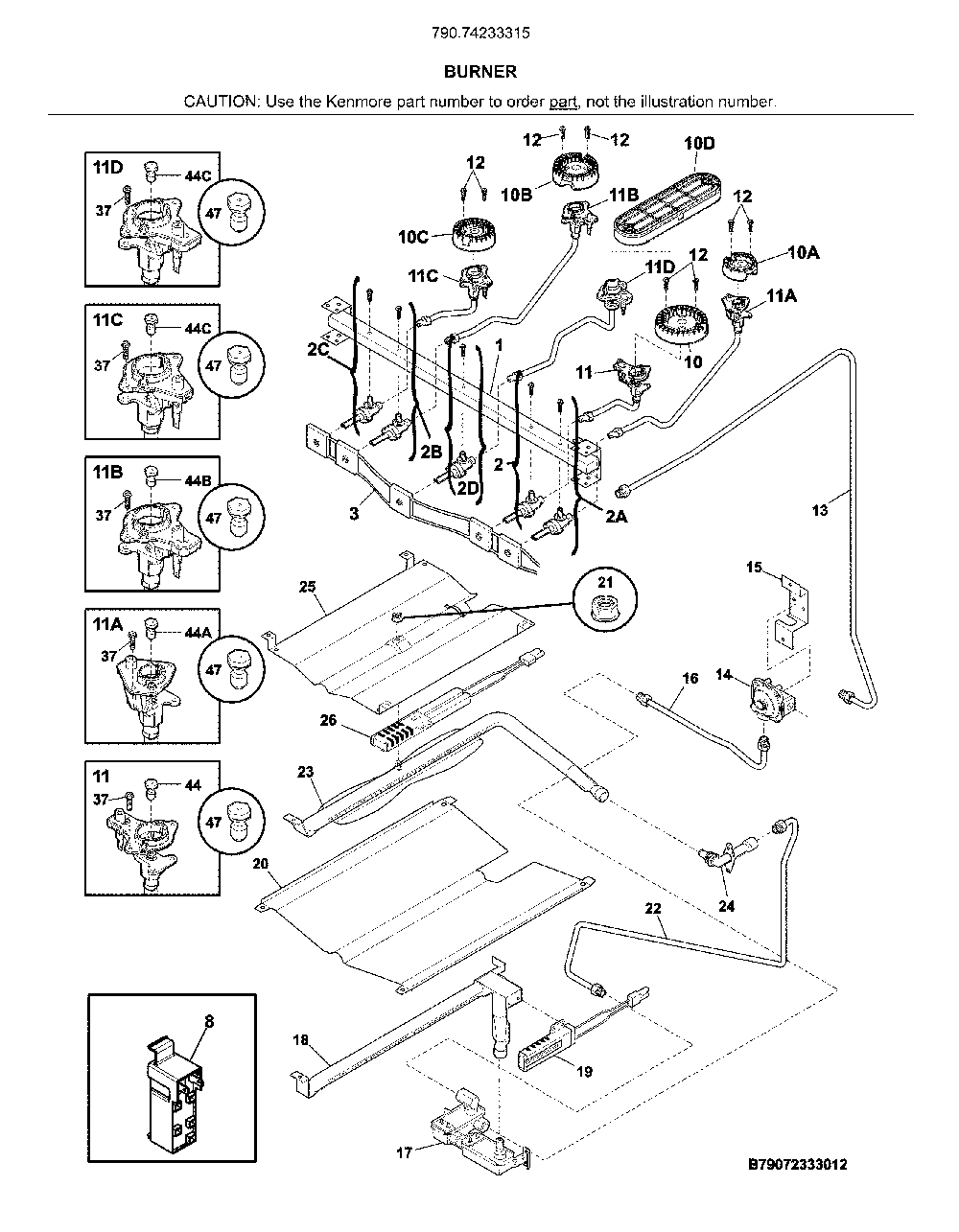 Burner Diagram and Parts List for 79074233315  Kenmore Range