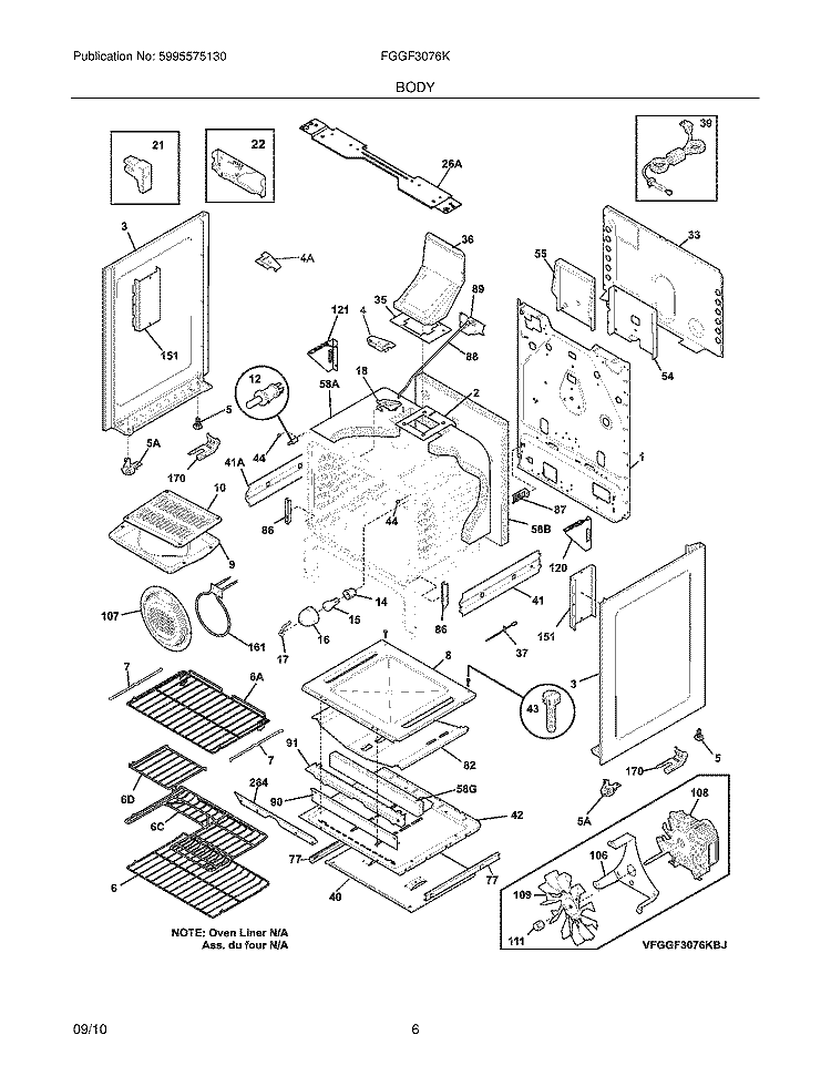 BODY Diagram and Parts List for FGGF3076KWJ  Frigidaire Range