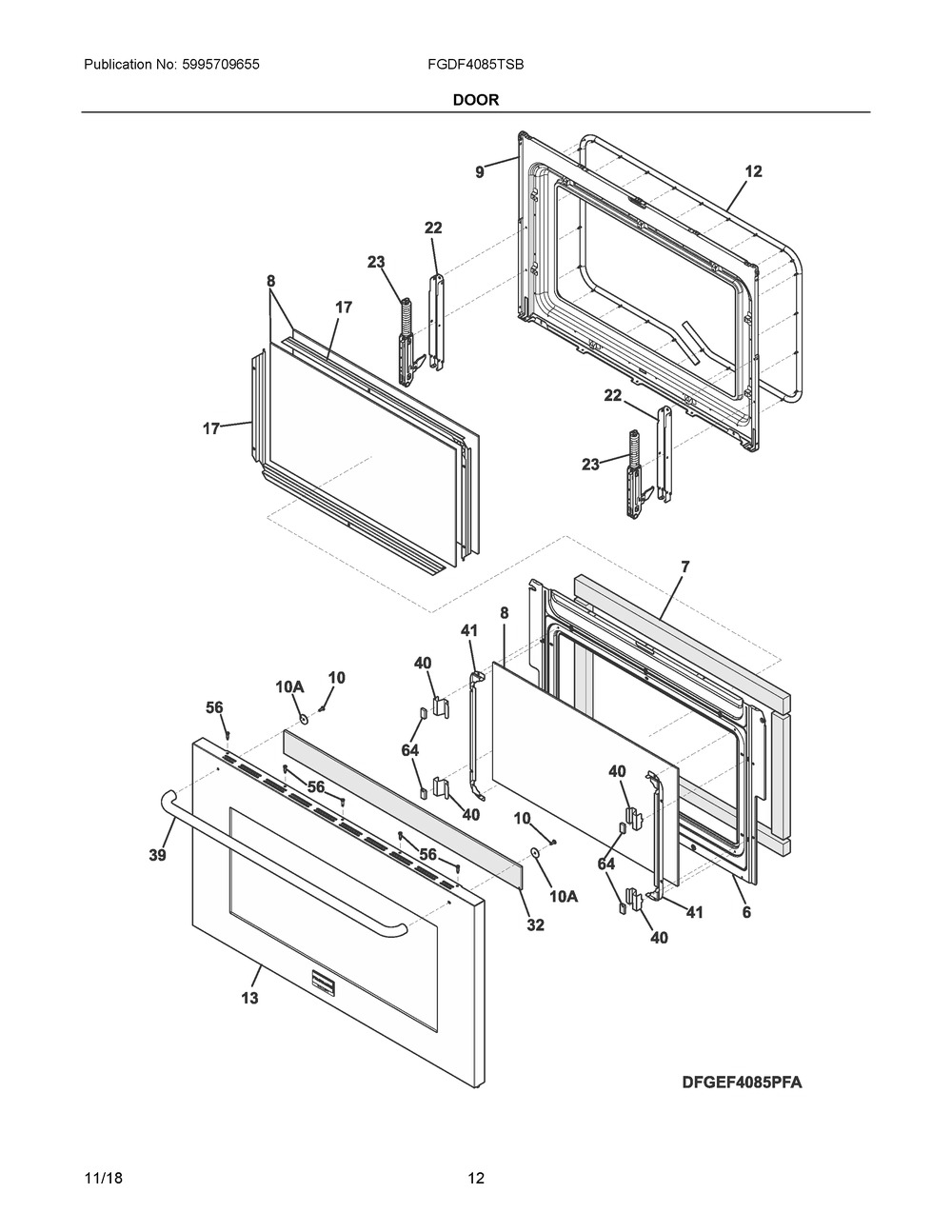 Door Diagram and Parts List for FGDF4085TSB  Frigidaire Range