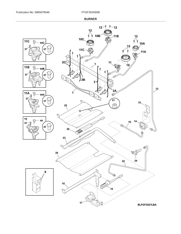 Burner Diagram and Parts List for FFGF3024SSB  Frigidaire Range