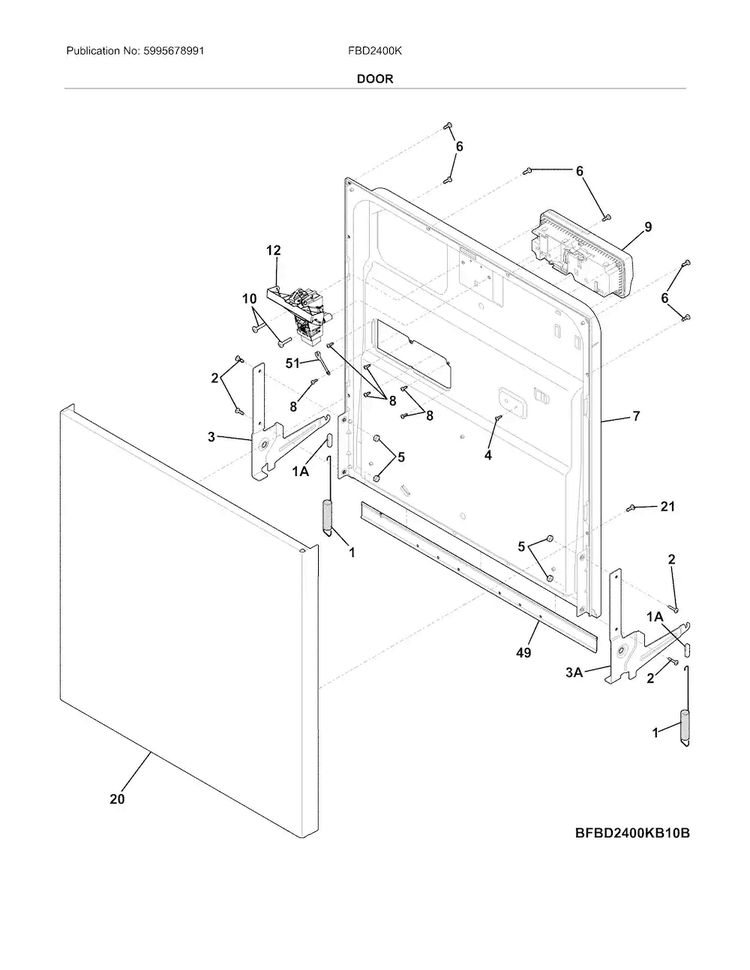 Door Diagram and Parts List for FBD2400KB10B  Frigidaire Dishwasher