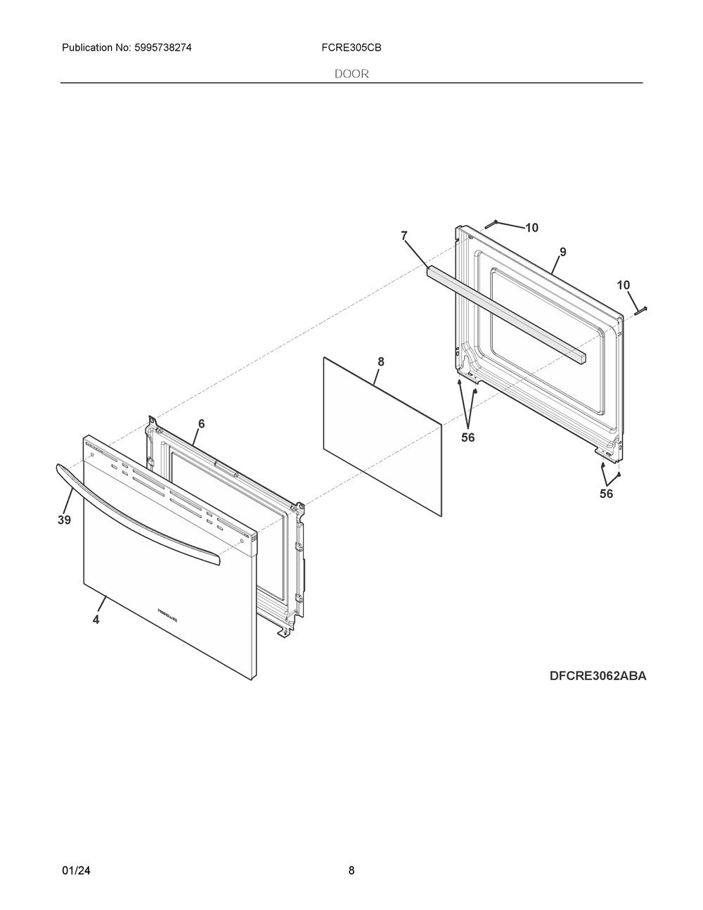 Door Diagram and Parts List for FCRE305CBWB  Frigidaire Range