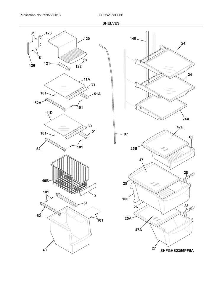 Shelves Diagram and Parts List for FGHS2355PF6B  Frigidaire Refrigerator