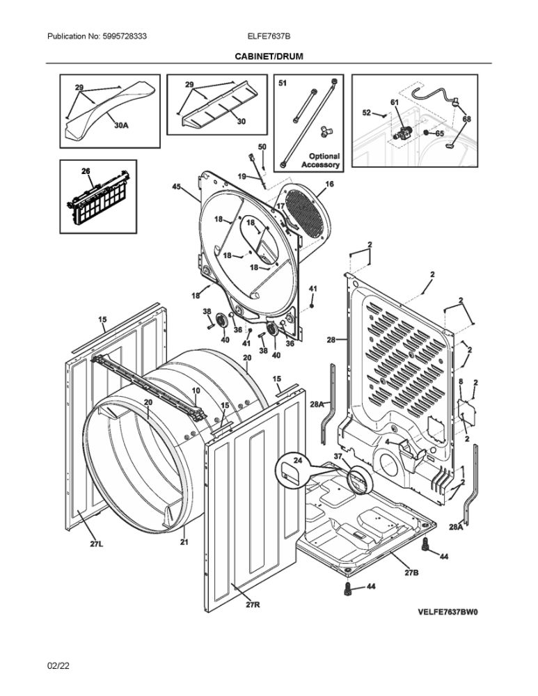 Cabinet/Drum Diagram and Parts List for ELFE7637BW0  Frigidaire Dryer