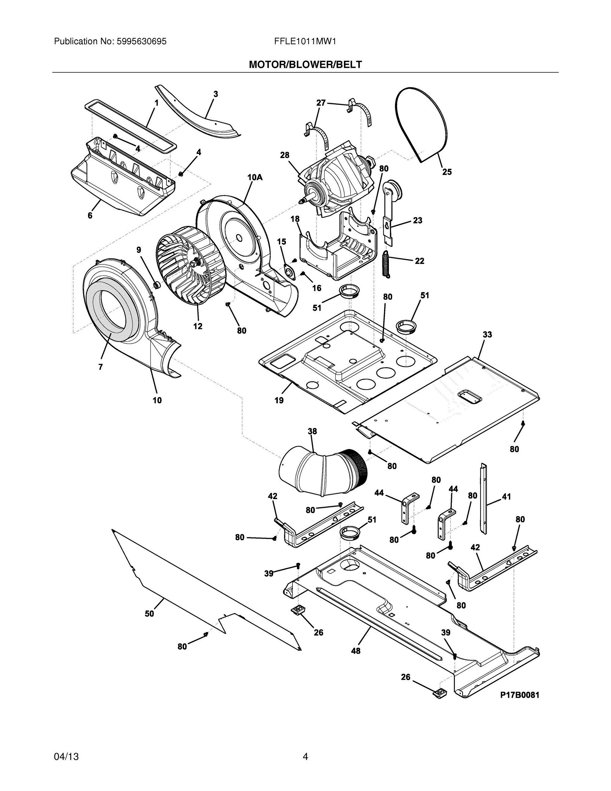 05 - MOTOR/BLOWER/BELT Diagram and Parts List for FFLE1011MW1  Frigidaire Washer Dryer Combo