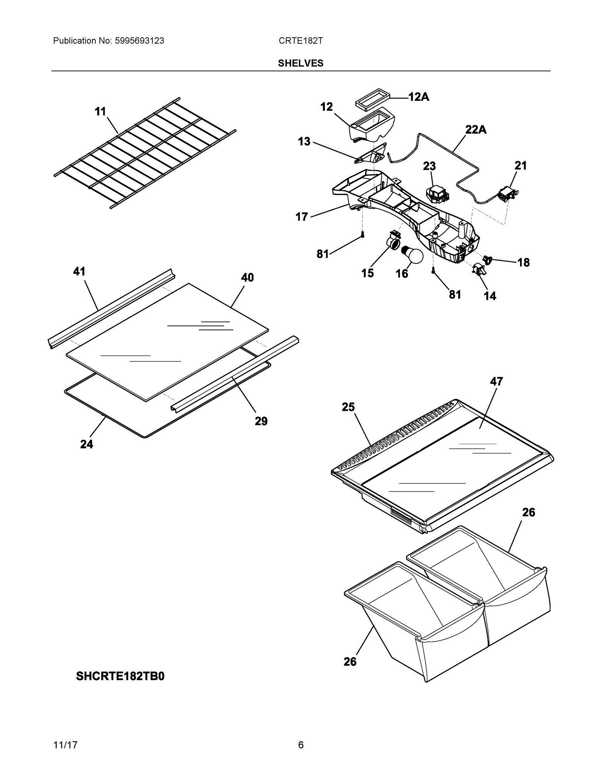 04 - SHELVES Diagram and Parts List for CRTE182TS0  Frigidaire Refrigerator