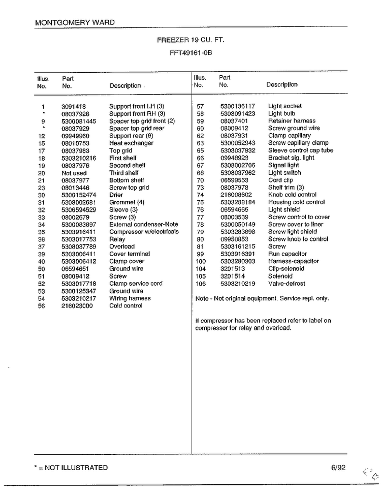 Freezer 19 Cubic Feet Page 6 Diagram and Parts List for 49161-0B  Frigidaire Freezer