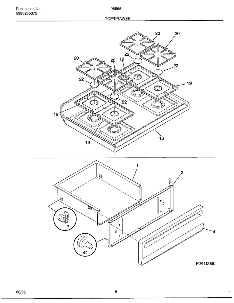 Top/drawer Diagram and Parts List for 285660A  Frigidaire Range