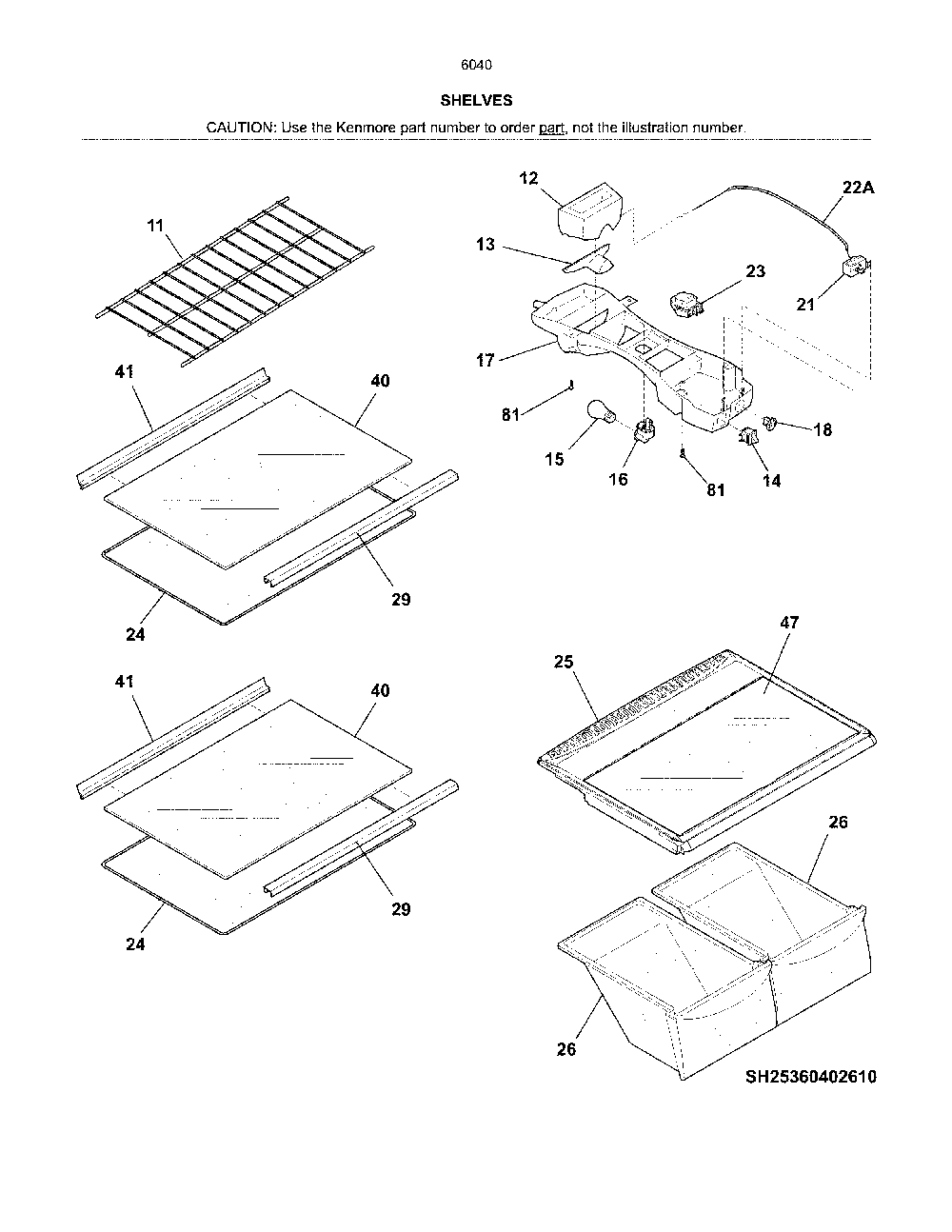 Shelves Diagram and Parts List for 25360404612  Kenmore Refrigerator