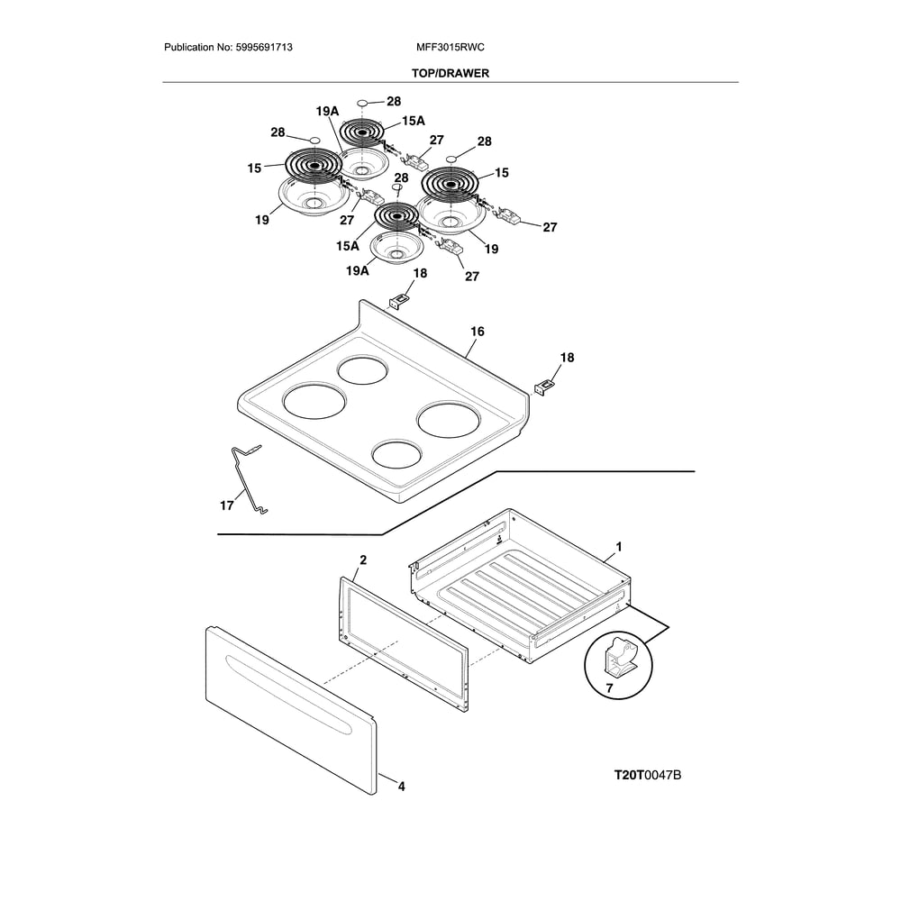 Top/Drawer Diagram and Parts List for MFF3015RWC  Frigidaire Range
