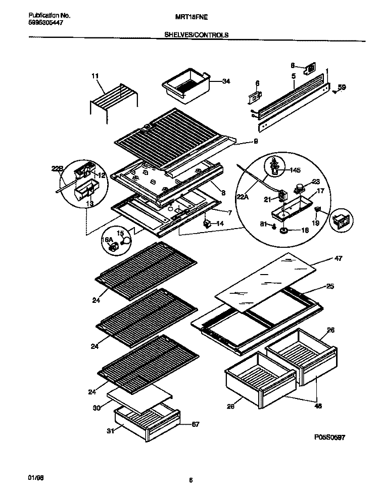 SHELVES / CONTROLS Diagram and Parts List for MRT18FNED3  Frigidaire Refrigerator