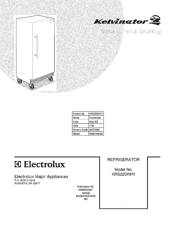 COVER Diagram and Parts List for KRS220RHY1  Kelvinator Refrigerator