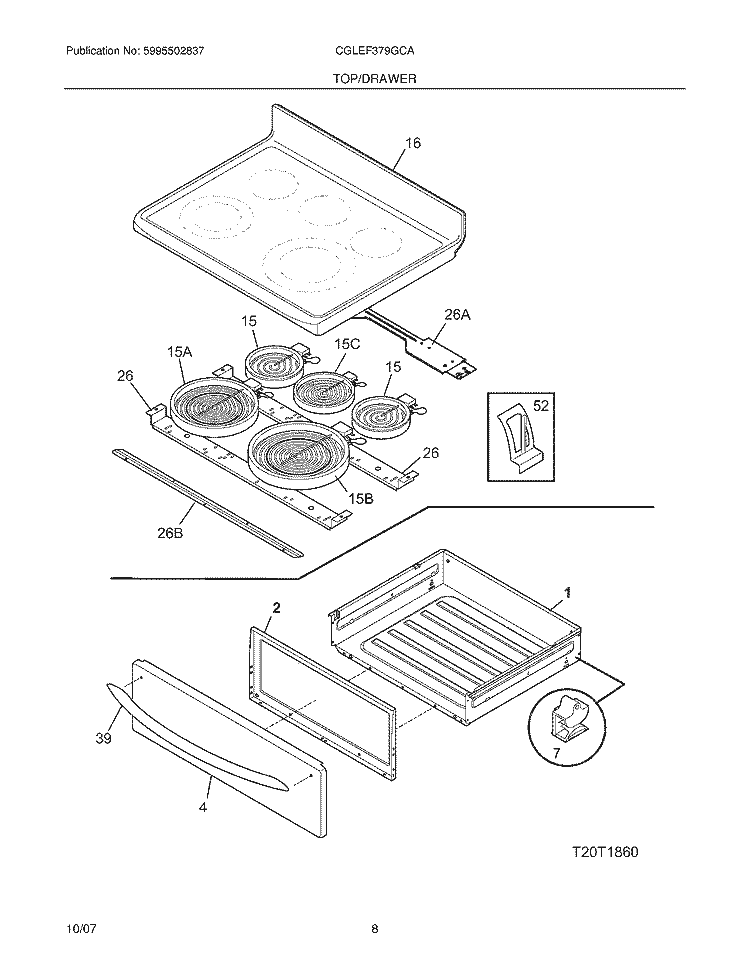 TOP / DRAWER Diagram and Parts List for CGLEF379GCA  Frigidaire Range
