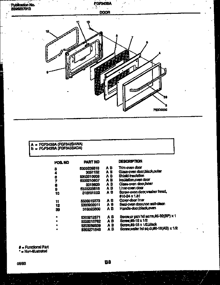 DOOR PARTS Diagram and Parts List for FGF343BAWA  Frigidaire Range