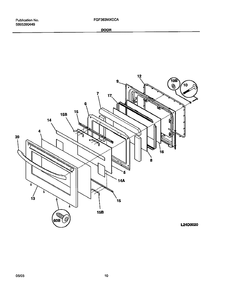 DOOR Diagram and Parts List for FGF363MXCCA  Frigidaire Range