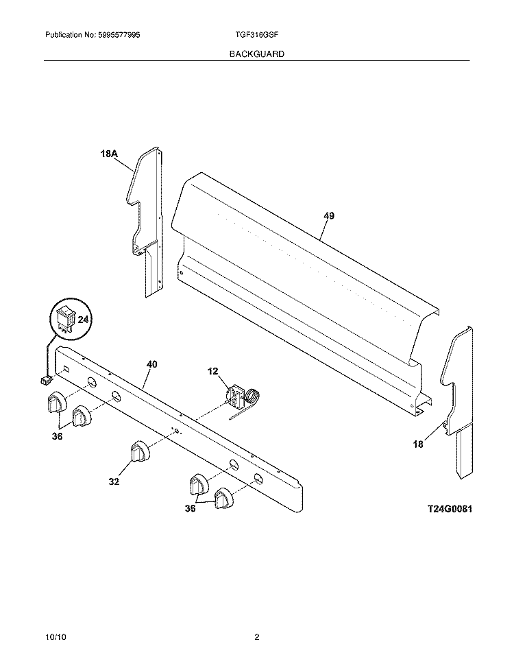 BACKGUARD Diagram and Parts List for TGF316GSF  Tappan Range