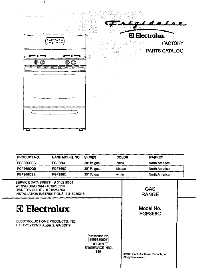 COVER Diagram and Parts List for FGF366CQB  Frigidaire Range