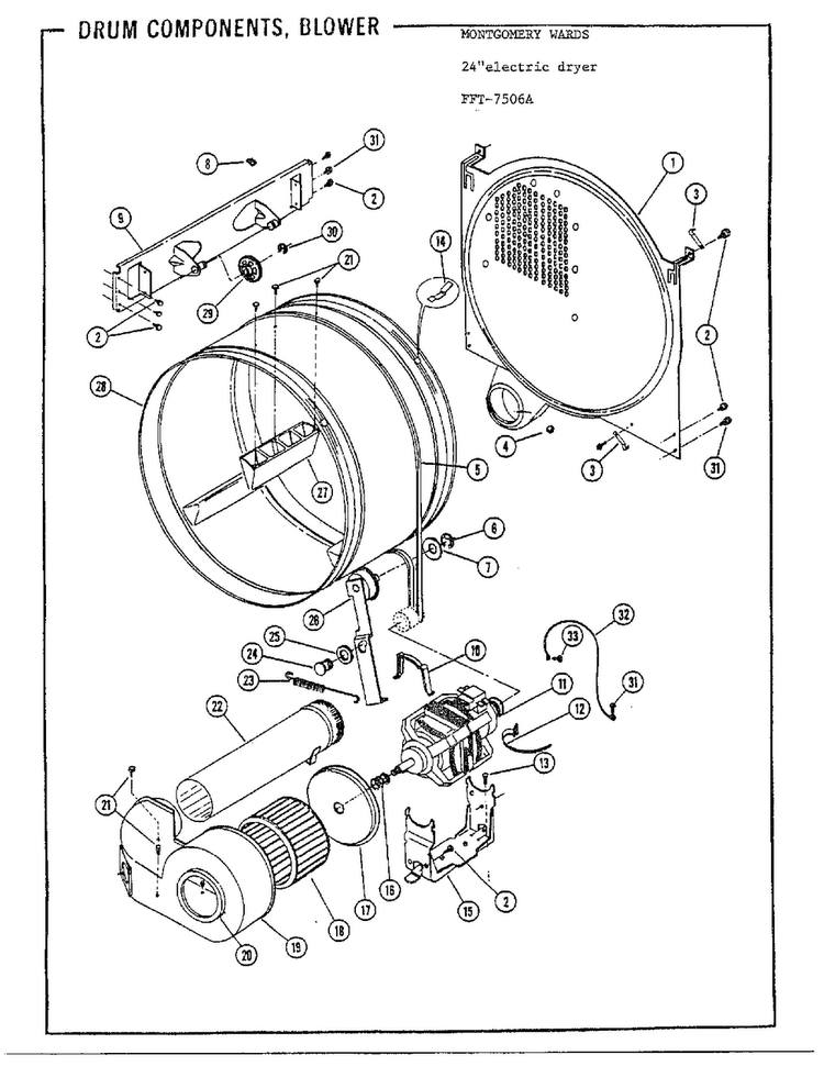 Drum Components, Blower Diagram and Parts List for 7506A  Frigidaire Dryer