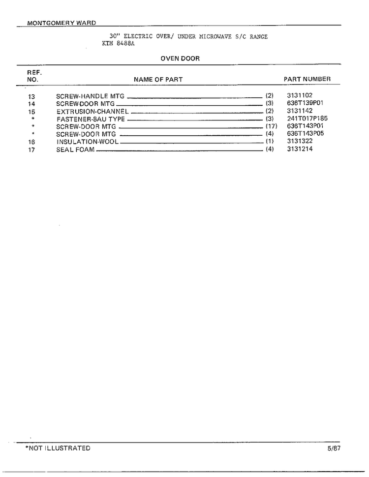 Oven Door Page 2 Diagram and Parts List for 8488A  Frigidaire Range