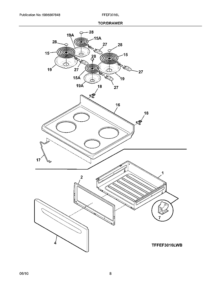 TOP/DRAWER Diagram and Parts List for FFEF3016LWB  Frigidaire Range