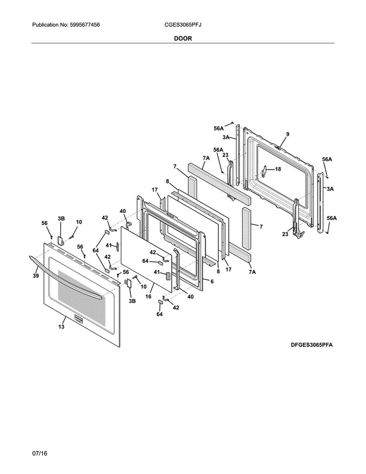 Door Diagram and Parts List for CGES3065PFJ  Frigidaire Range