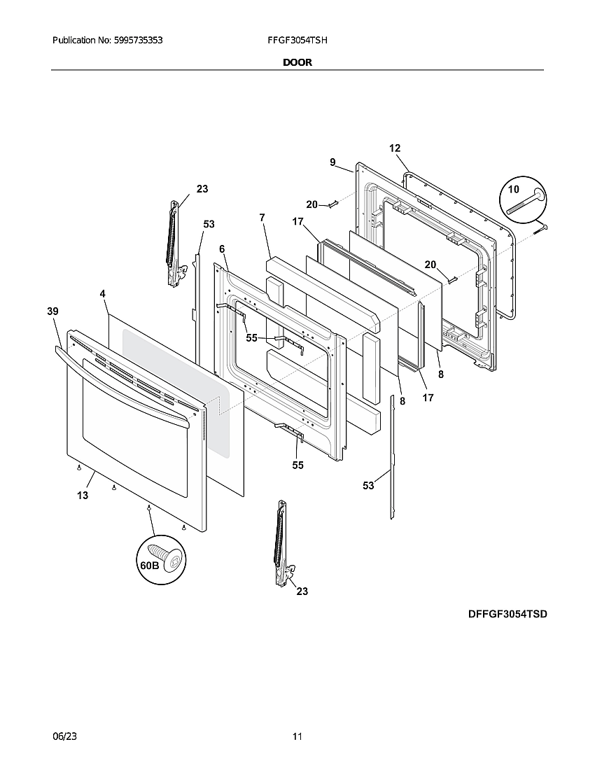 Door Diagram and Parts List for FFGF3054TSH  Electrolux Range