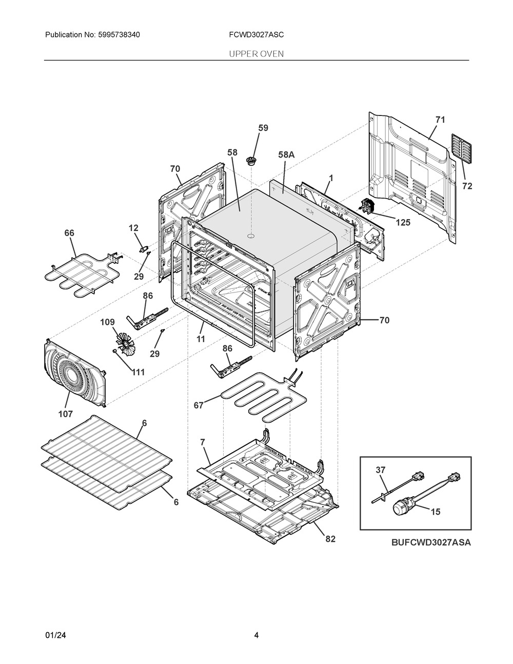 Upper Oven Diagram and Parts List for FCWD3027ASC  Frigidaire Wall Oven