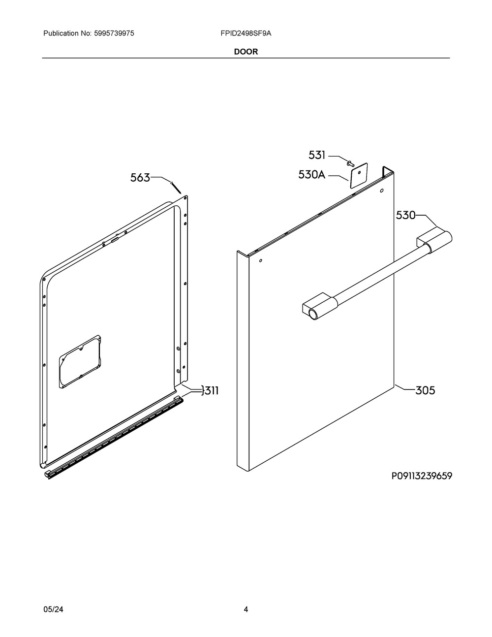 Door Diagram and Parts List for FPID2498SF9A  Frigidaire Dishwasher