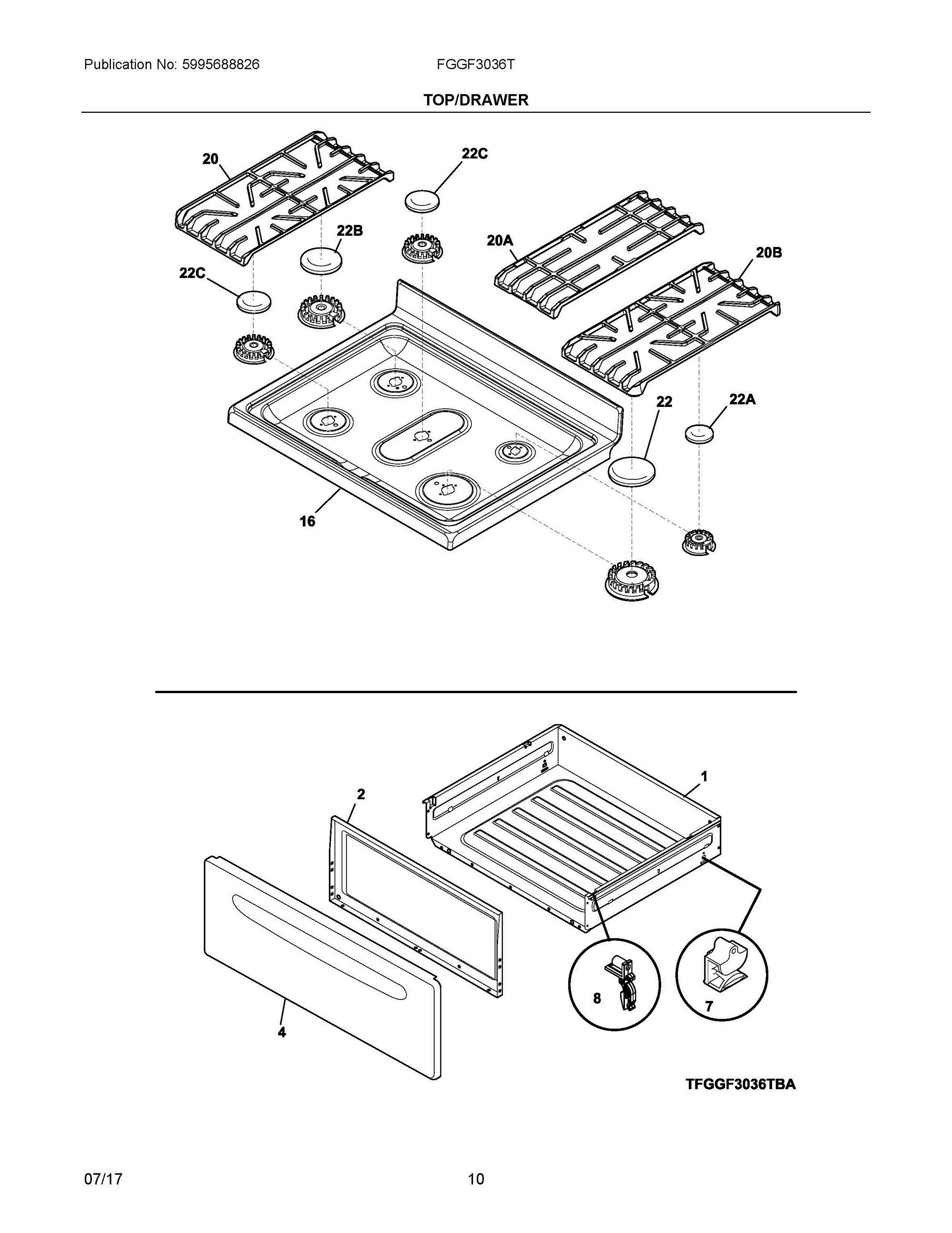 05 - TOP/DRAWER Diagram and Parts List for FGGF3036TWA  Frigidaire Range