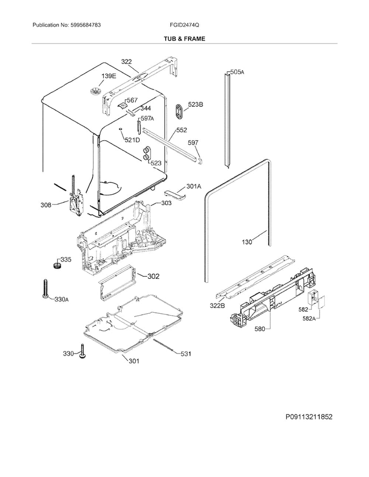 Tub & Frame Diagram and Parts List for FGID2474QF7B  Frigidaire Dishwasher