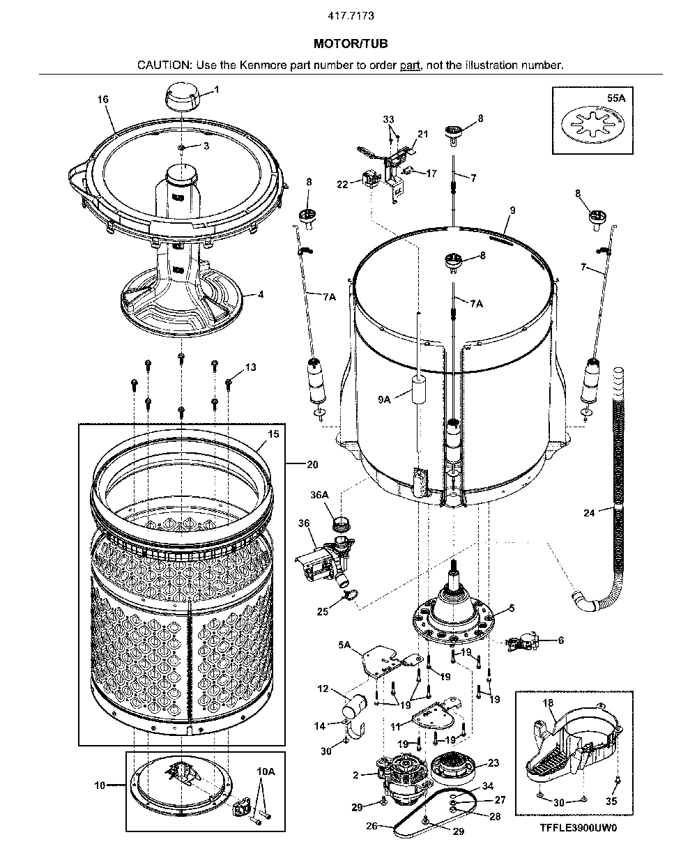 Motor/tub Diagram and Parts List for 41771733811  Kenmore Washer Dryer Combo