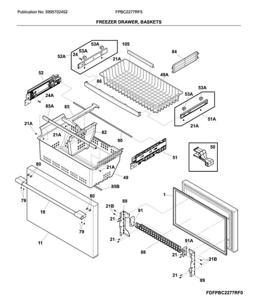 Freezer Drawer, Baskets Diagram and Parts List for FPBC2277RF5  Frigidaire Refrigerator