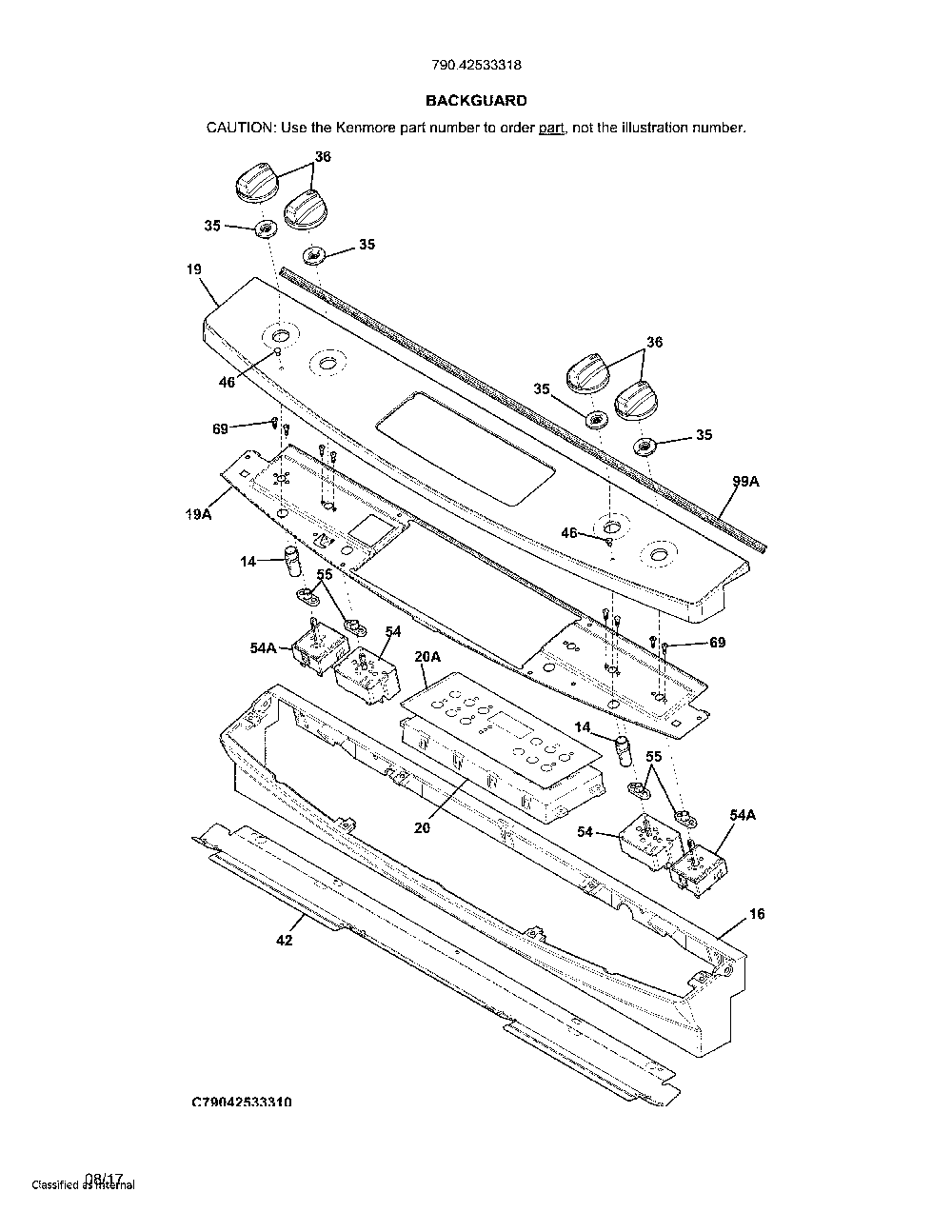 Backguard Diagram and Parts List for 79042533318  Kenmore Range