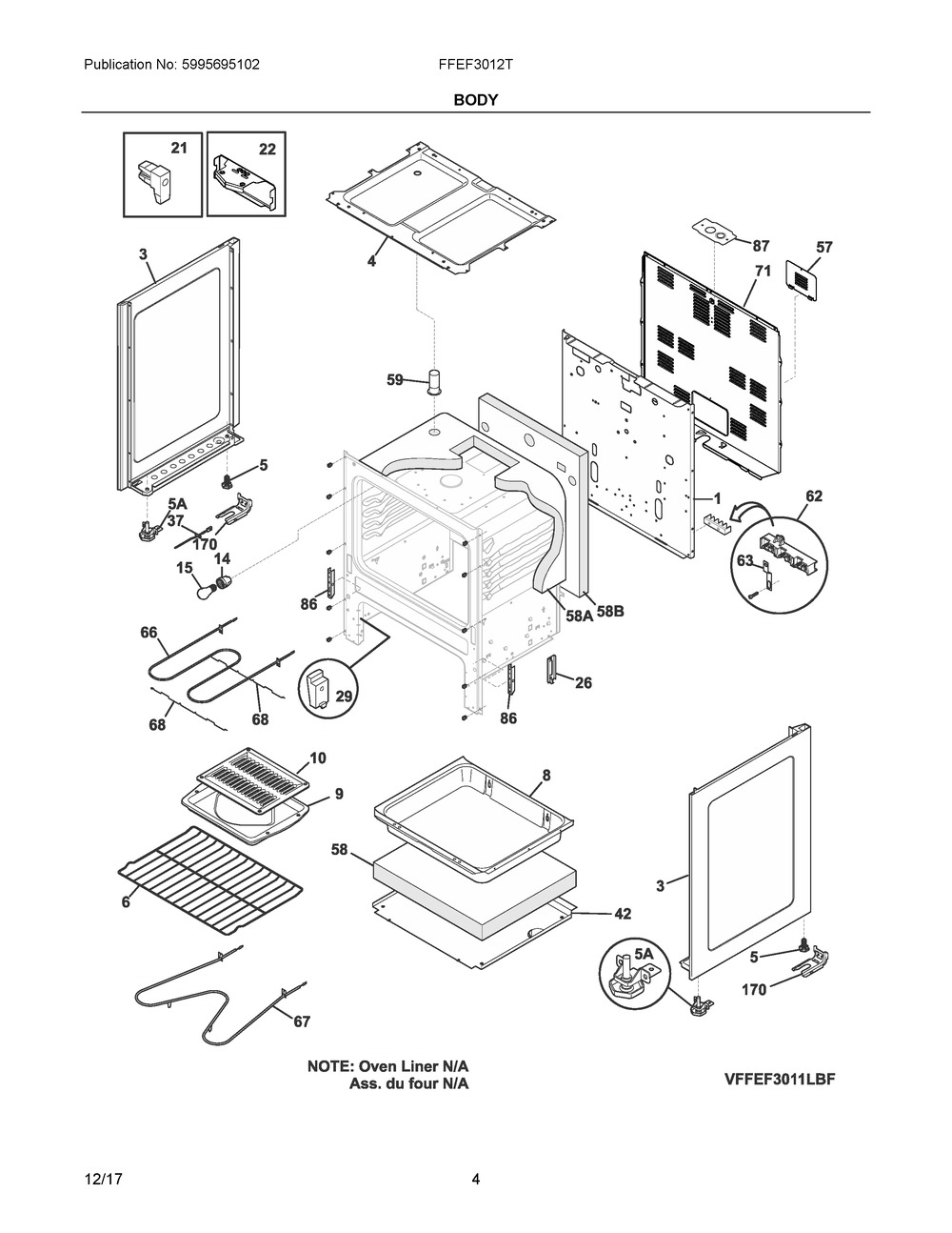 Body Diagram and Parts List for FFEF3012TWB  Frigidaire Range