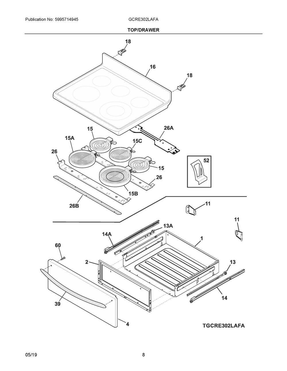 Top/drawer Diagram and Parts List for GCRE302LAFA  Frigidaire Range