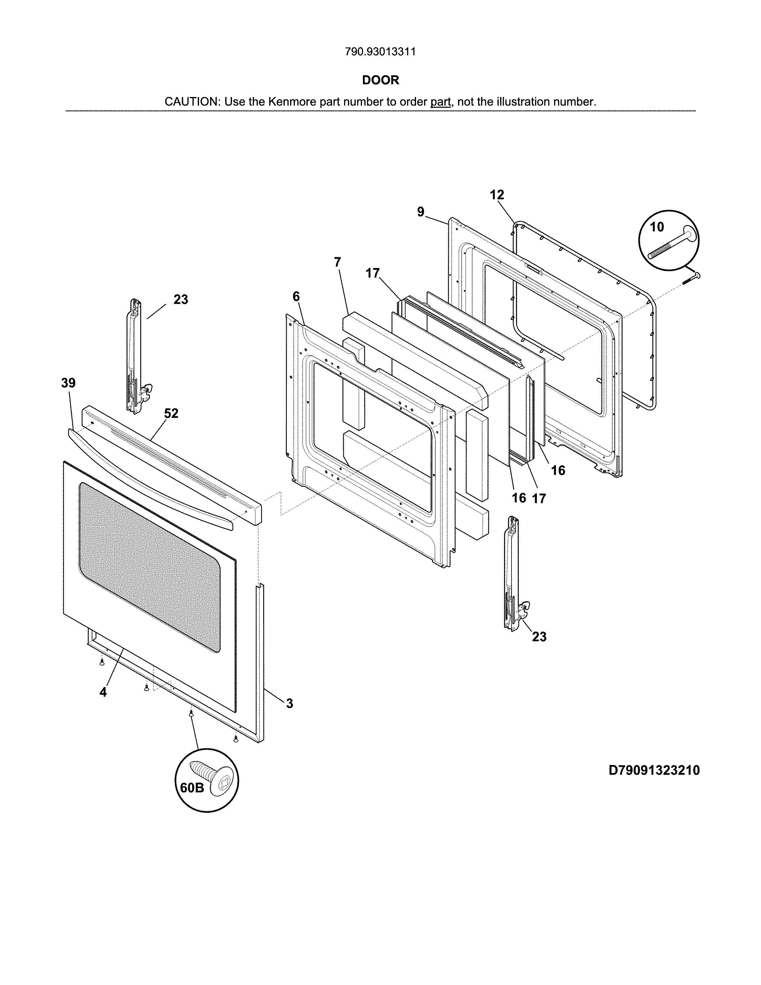 Door Diagram and Parts List for 79093013311  Kenmore Range
