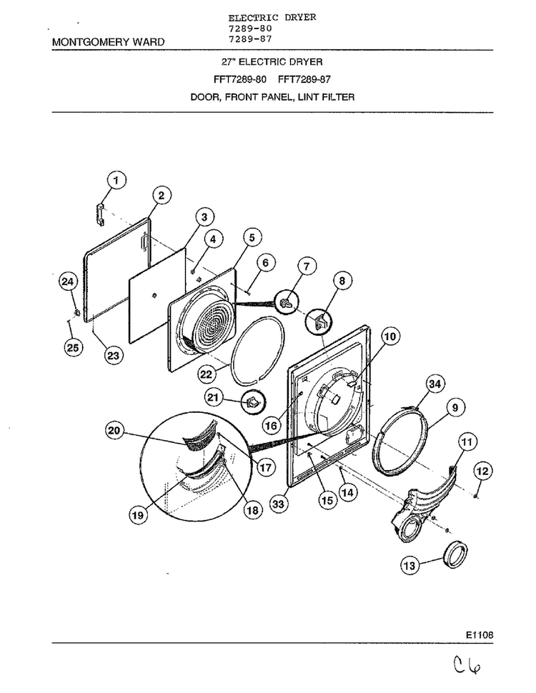 Door, Front Panel, Lint Filter Diagram and Parts List for 7289-80  Frigidaire Dryer