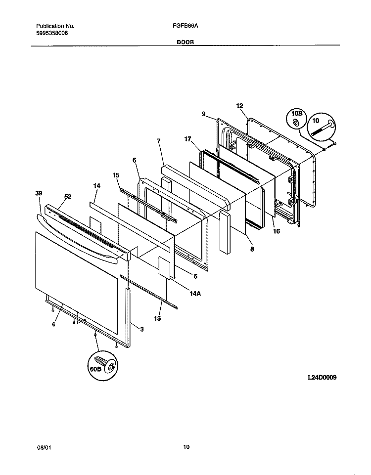 DOOR Diagram and Parts List for FGFB66ASB  Frigidaire Range