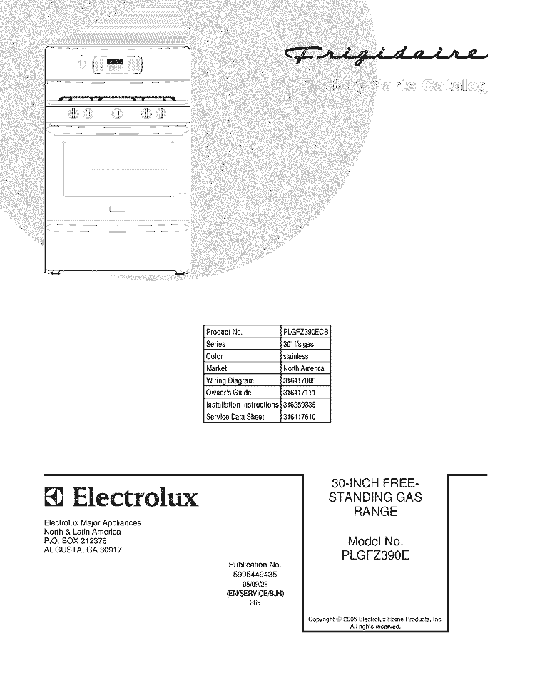 COVER Diagram and Parts List for PLGFZ390ECB  Frigidaire Range