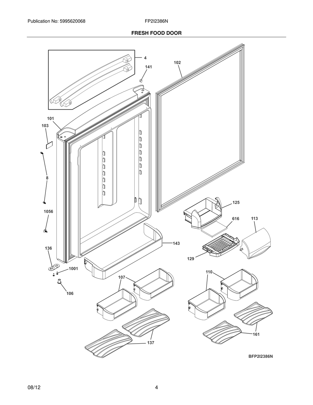 Fresh Food Door Diagram and Parts List for FP2I2386NF  Frigidaire Refrigerator