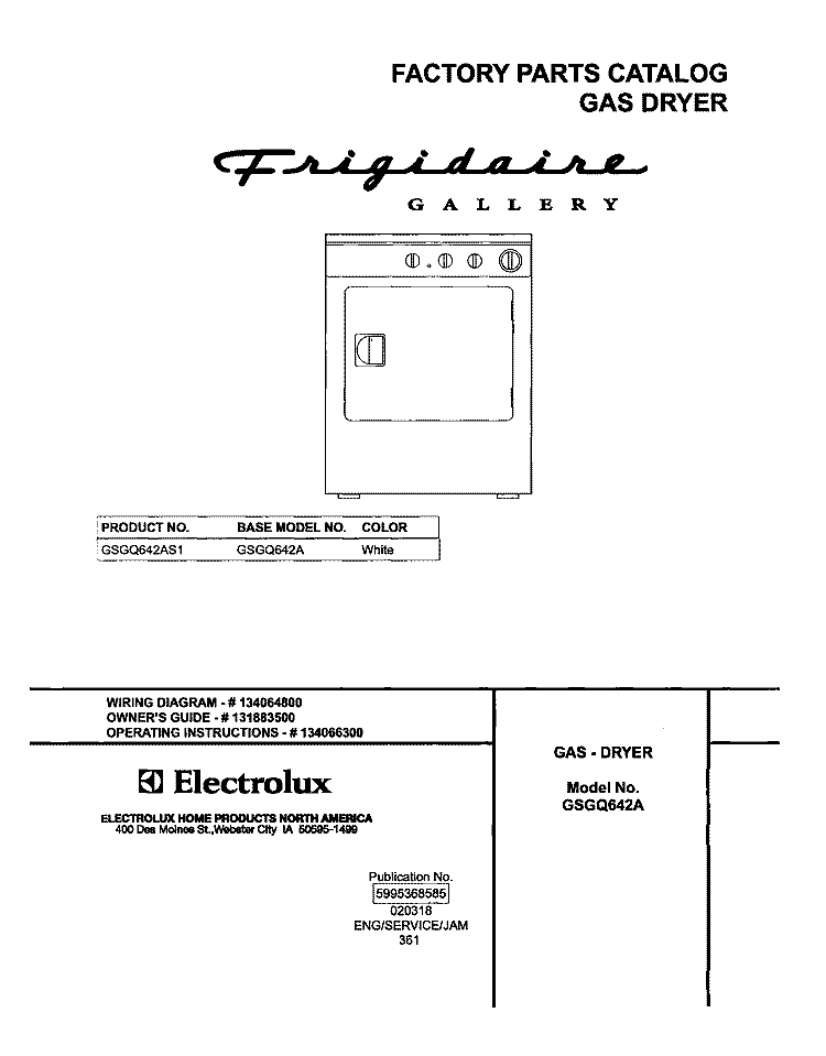 COVER Diagram and Parts List for GSGQ642AS1  Frigidaire Dryer