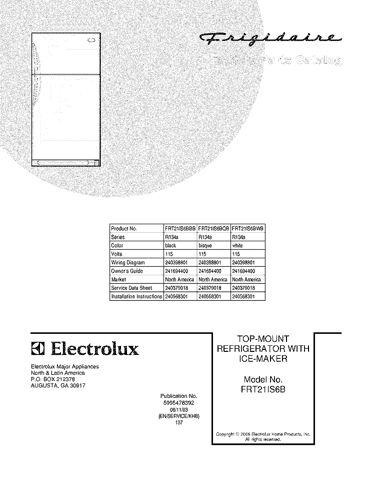 COVER Diagram and Parts List for FRT21IS6BQB  Frigidaire Refrigerator