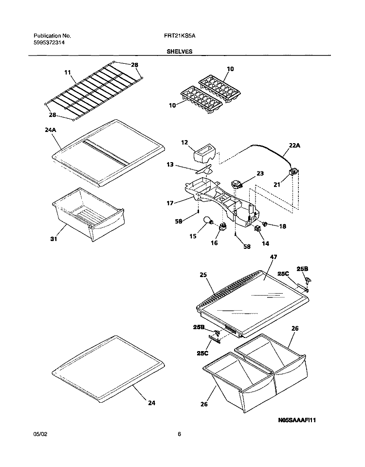 SHELVES Diagram and Parts List for FRT21KS5AW5  Frigidaire Refrigerator