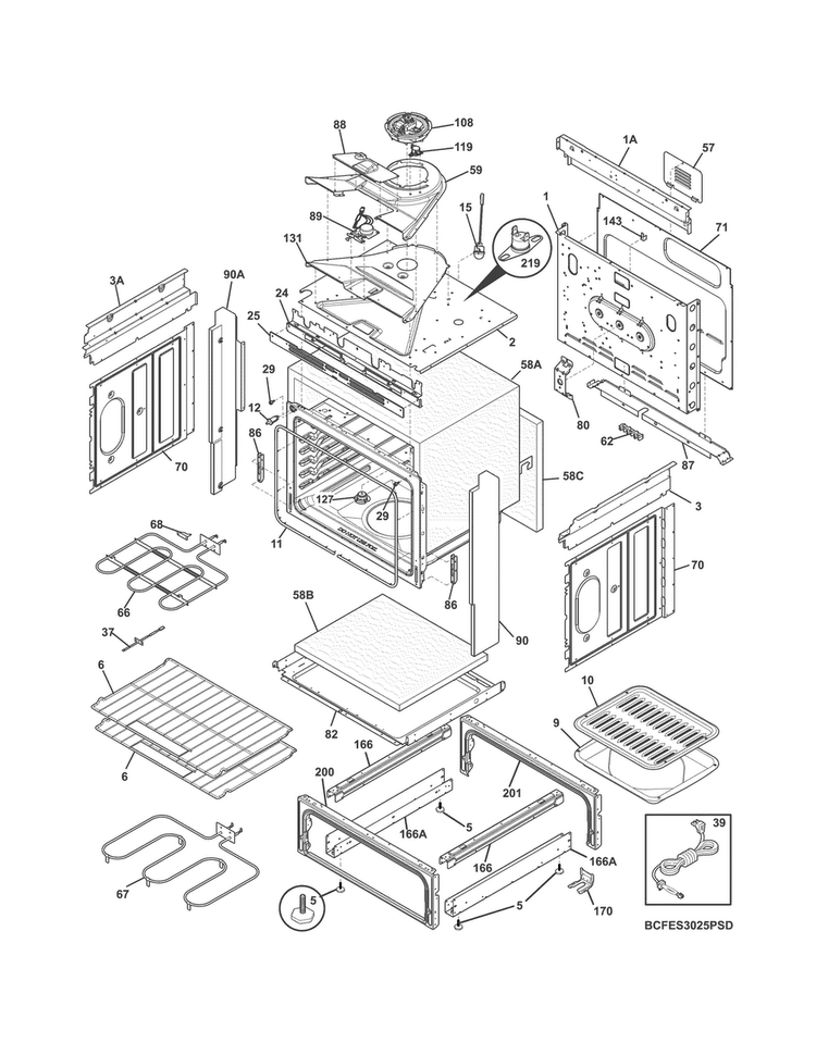 Body Diagram and Parts List for CFES3025PSD  Frigidaire Range