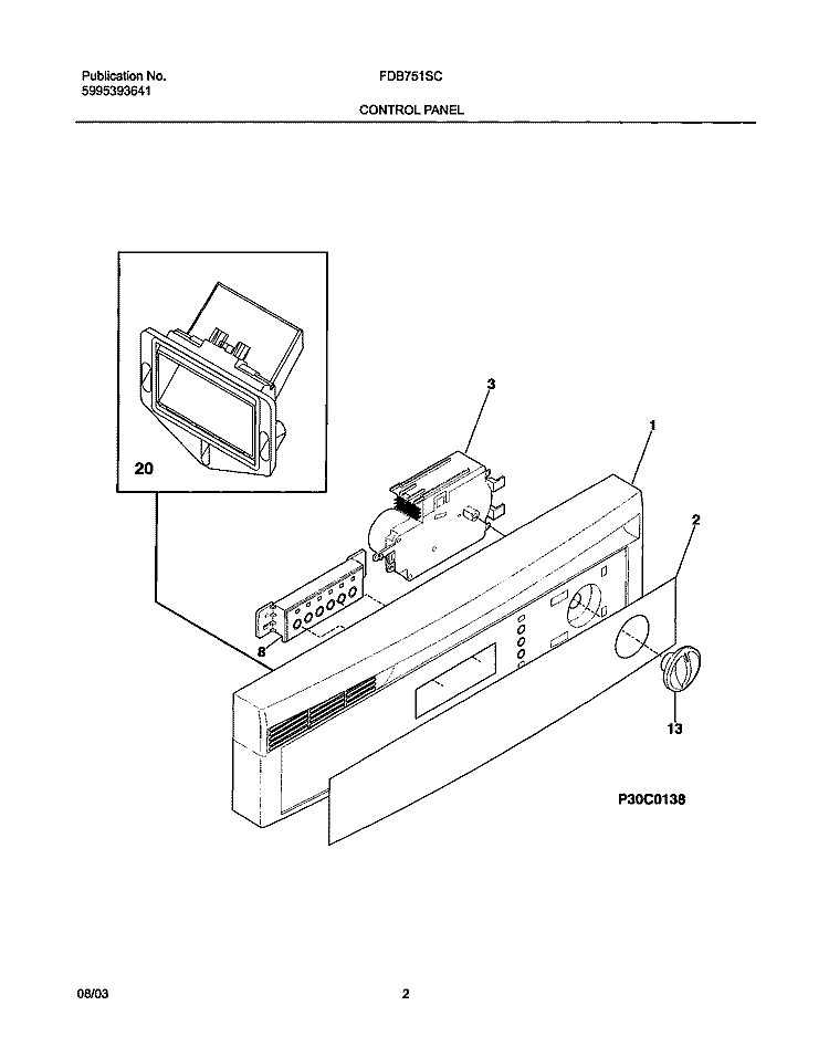 CONTROL PANEL Diagram and Parts List for FDB751SCC0  Frigidaire Dishwasher